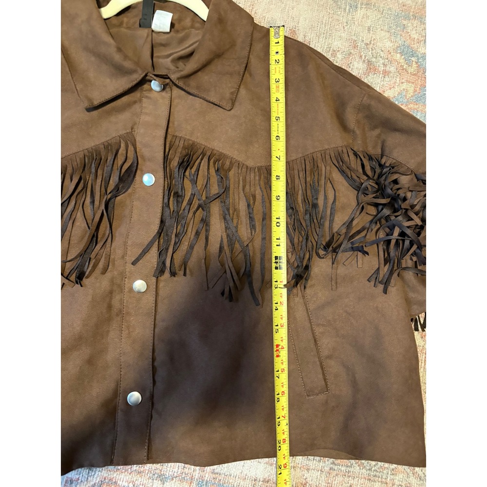 H&M Divided Brown Faux Suede Fringe Western Jacket Womens XL Cropped Snap Front - Picture 5 of 6